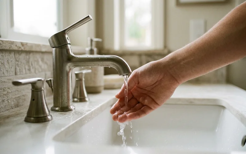 Bathroom faucet running at a low trickle while a hand checks for hot water