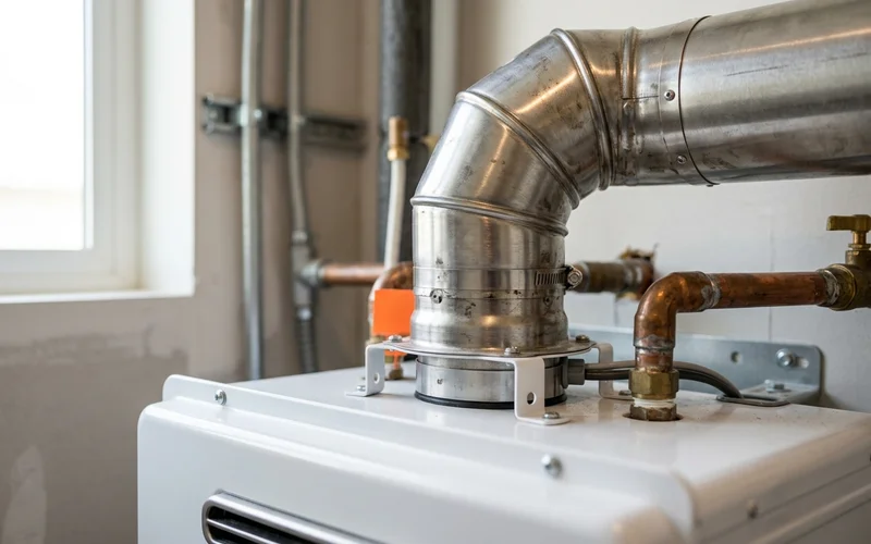 Brushed stainless Category III vent connector on top of a tankless unit