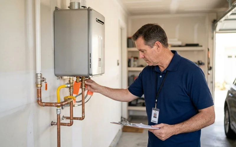 Building inspector checking vent and gas connections on a new tankless unit