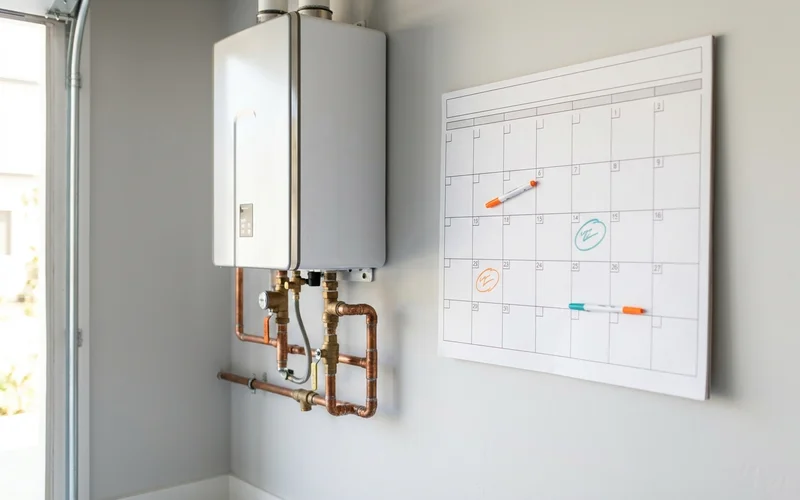 Calendar beside a tankless unit showing alternating flush and full service dates