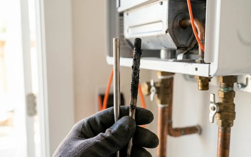 Clean flame rod held next to a sooty one in a gloved hand