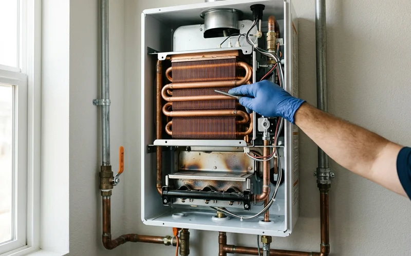 Tankless unit with cover removed showing the heat exchanger and burner assembly