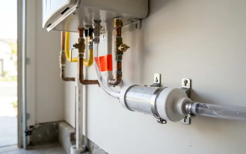 Condensate drain line and neutralizer cartridge under a tankless unit