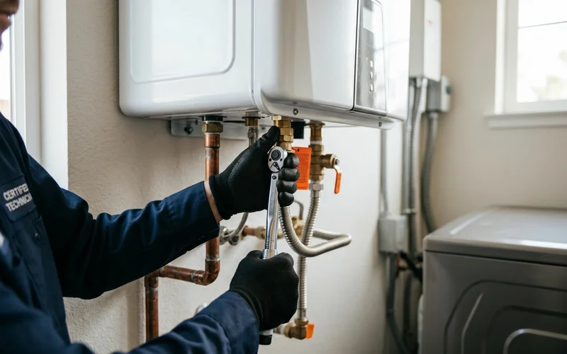 Factory-certified technician torquing a gas fitting on a new tankless install
