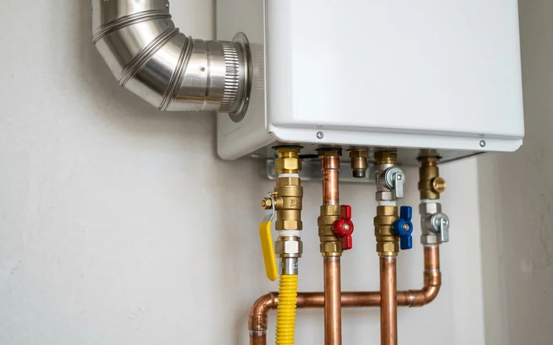 Finished tankless install with new 3/4-inch gas line, service valves and stainless vent connector
