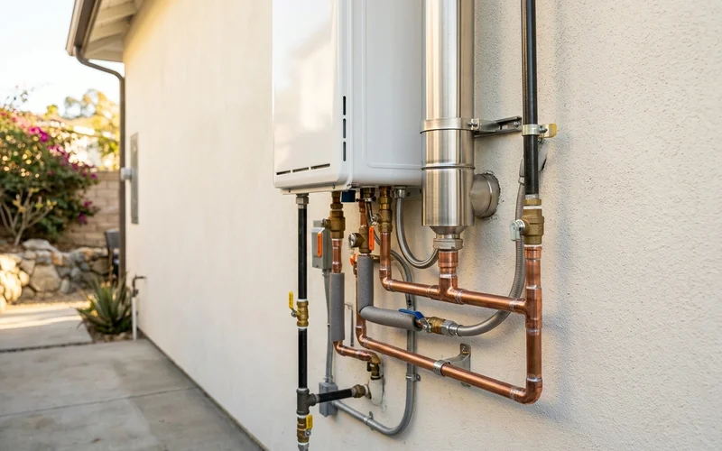 Completed tankless install showing new gas line and venting