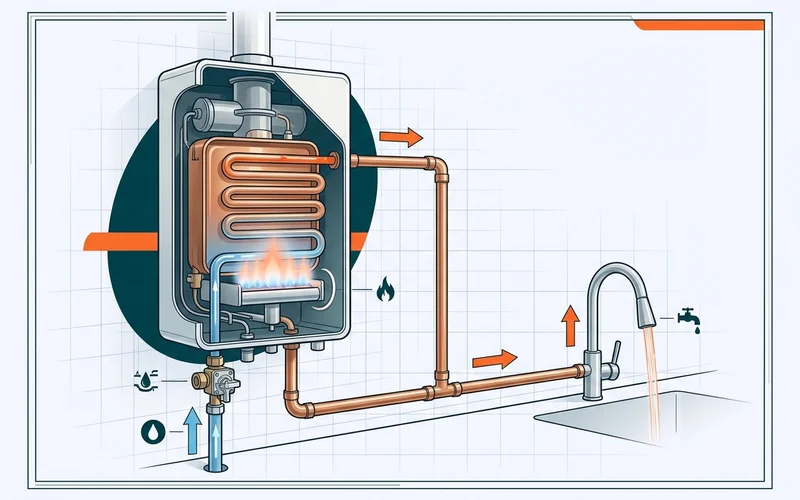 Cold water entering a tankless unit and hot water flowing to a kitchen faucet