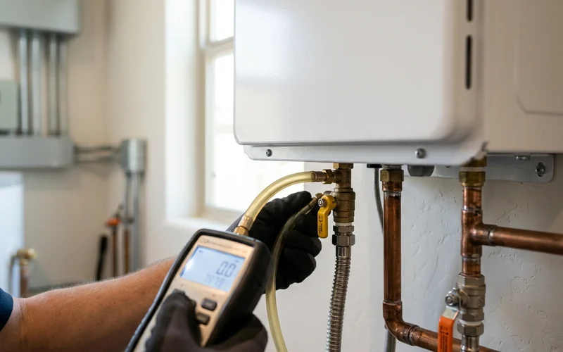 Manometer connected to a gas test port on a tankless unit
