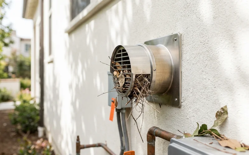Exterior tankless vent termination partly blocked by leaves and a nest