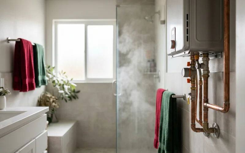 Steamy family bathroom with holiday towels during a hot shower