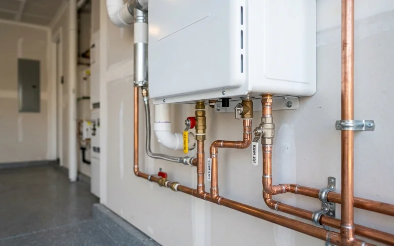 Finished tankless install with labeled valves and neat copper runs