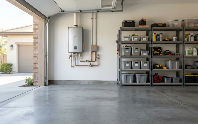 Freed-up garage floor space after tank removal with a tankless unit on the wall