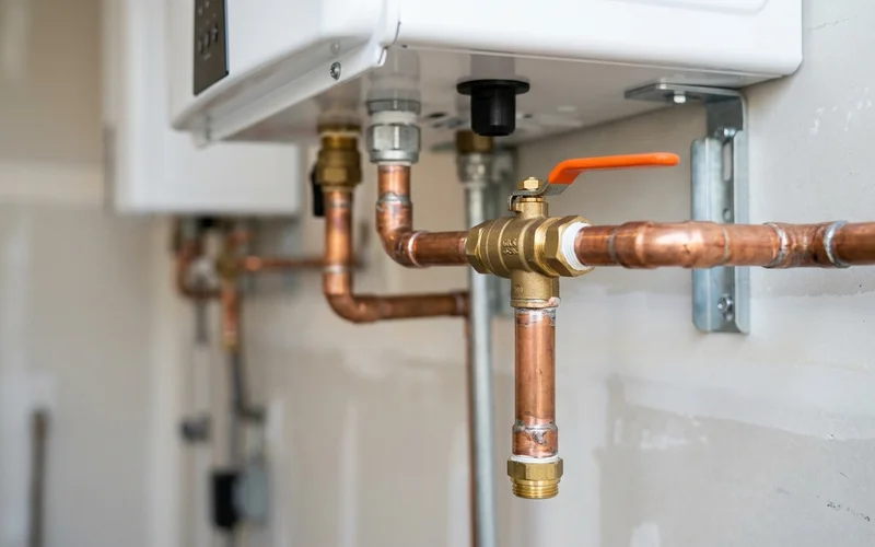 Gas shutoff valve and sediment trap at a tankless install
