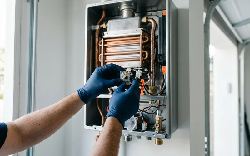 Technician replacing a water flow sensor inside an open tankless water heater