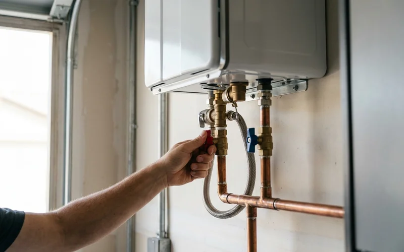 Hand closing the isolation service valves beneath a tankless unit