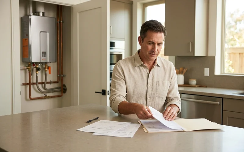 Homeowner filing service invoices in a folder at a kitchen counter