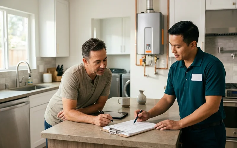 Homeowner reviewing a written tankless quote with a technician