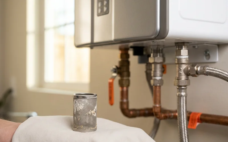 Inlet water filter screen removed from a tankless unit with light scale visible