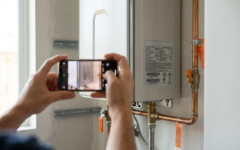 Tankless model rating label being photographed for rebate documentation