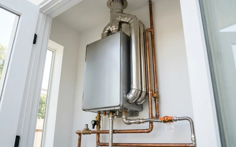 Neat stainless venting and labeled gas shutoff on a professional tankless install