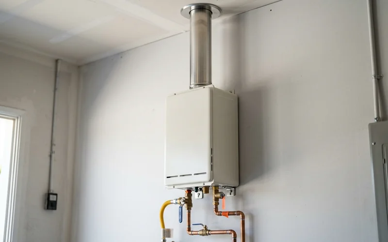 Non-condensing tankless unit with stainless vent pipe through the ceiling