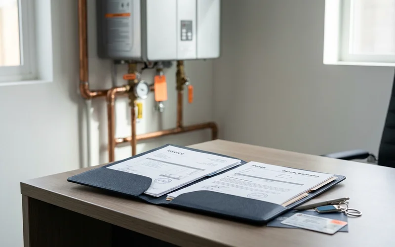 Folder of tankless documents including invoice, permit card and warranty registration