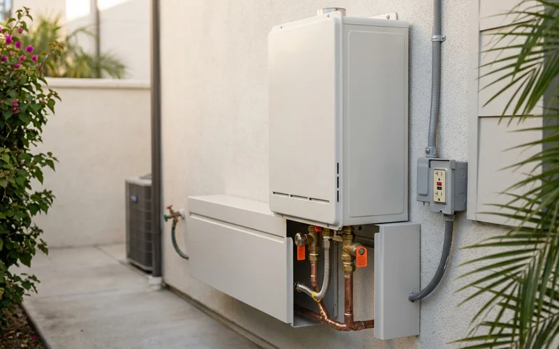 Outdoor-rated tankless unit on an exterior wall with a pipe cover and no vent pipe
