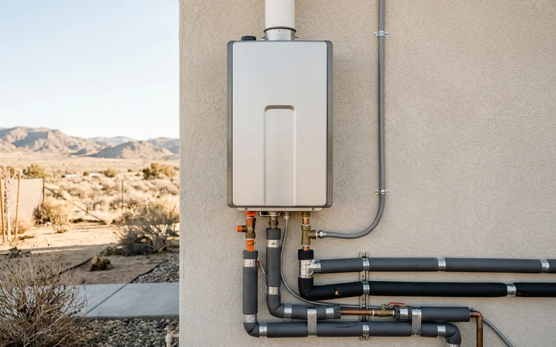Outdoor tankless unit on a stucco wall in the Antelope Valley with insulated pipe covers