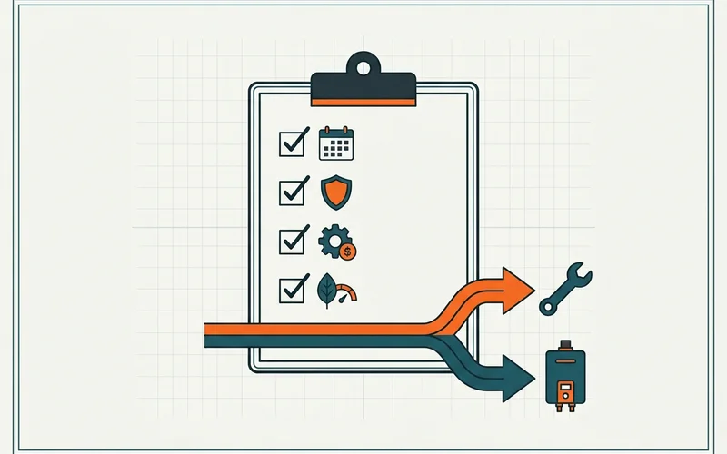 Decision checklist graphic: age, warranty, part cost, efficiency