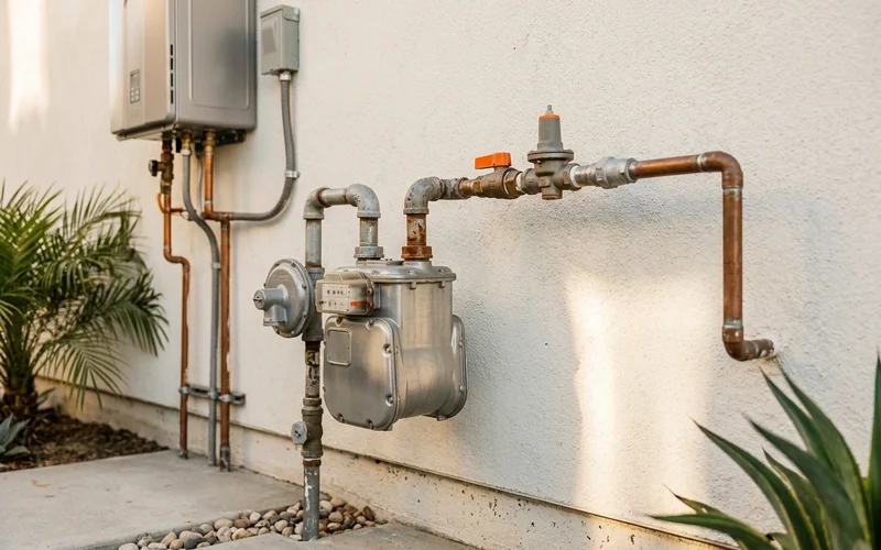 Residential gas meter on a stucco SoCal home exterior
