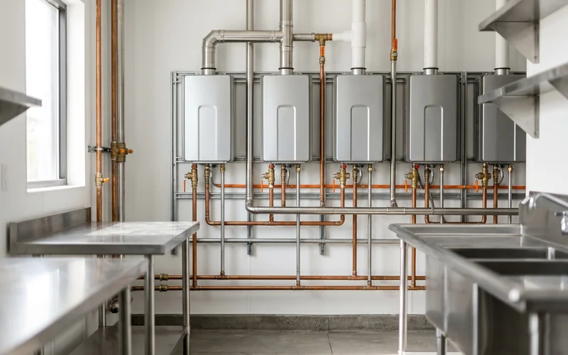 Restaurant back-of-house utility area with a tankless rack