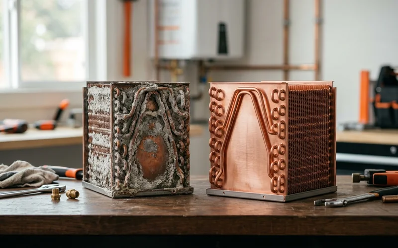 Scaled heat exchanger section next to a clean one on a workbench