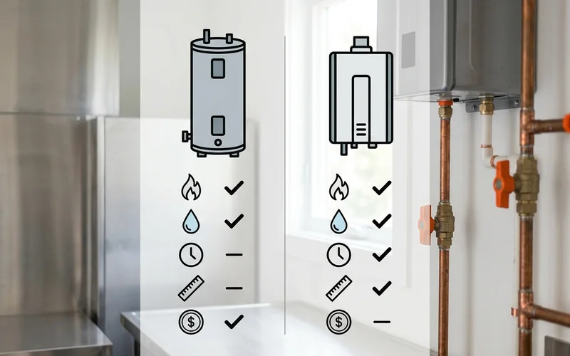 Tank vs tankless comparison graphic in brand colors