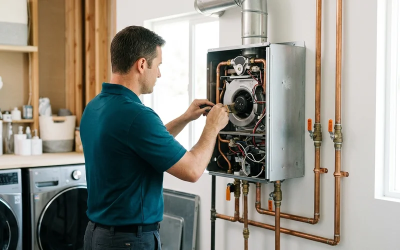 Technician cleaning a tankless combustion fan with the front cover removed