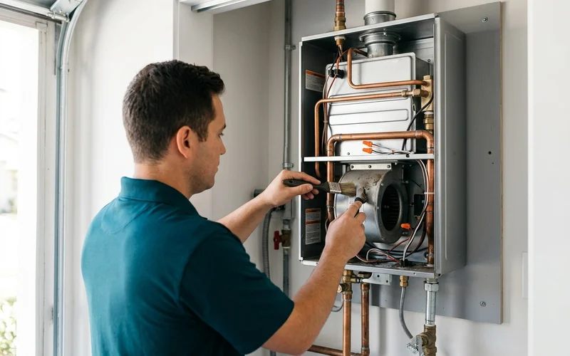 Technician cleaning the combustion fan inside a tankless water heater