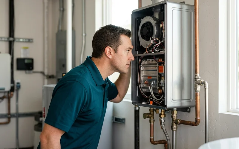 Technician listening near a tankless unit's fan housing with the cover open