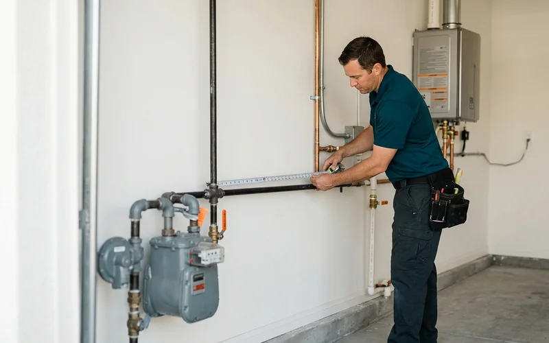 Technician measuring the gas line run from meter to water heater