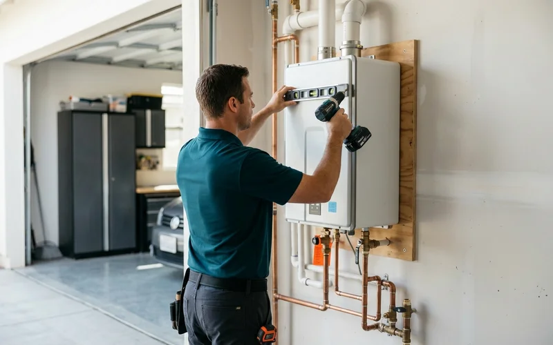 Technician mounting a tankless unit to a garage wall with a level and drill