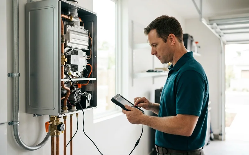 Technician reading code history on a diagnostic tablet connected to a tankless unit