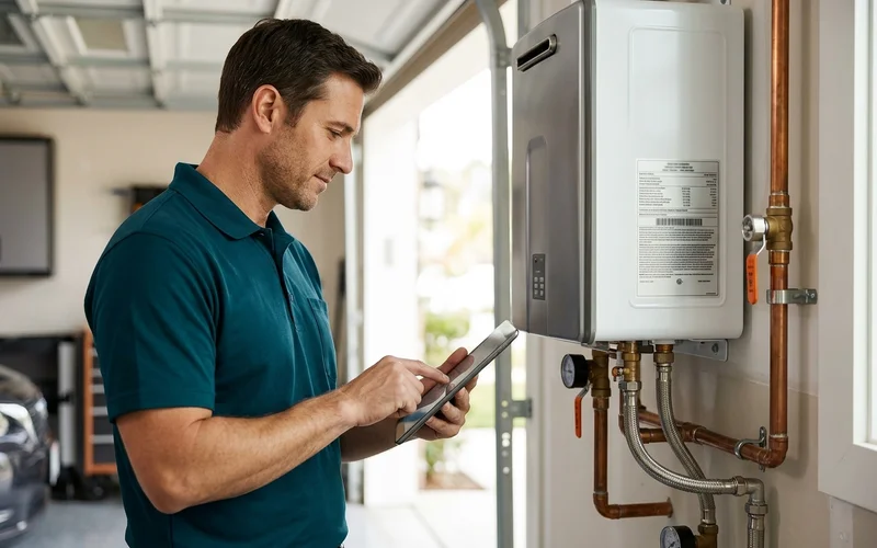 Technician registering a new tankless warranty on a tablet beside the rating label