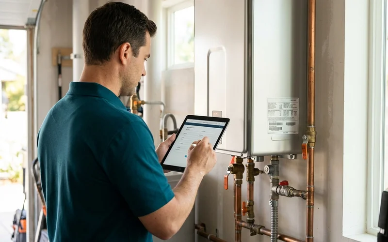 Technician registering a tankless warranty on a tablet next to the serial label