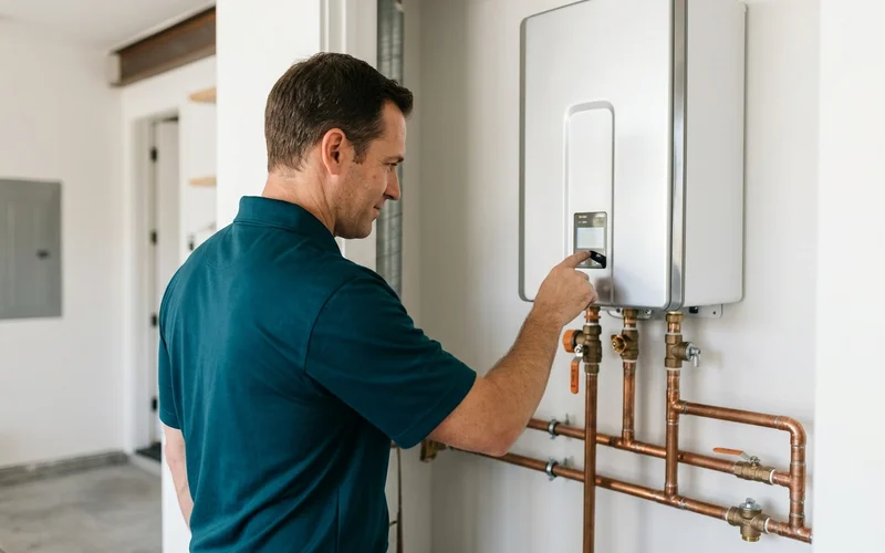 Technician reviewing a tankless control panel display