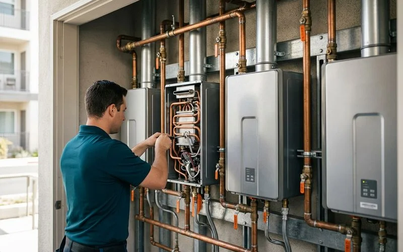 Technician servicing one unit on a commercial manifold while others keep running