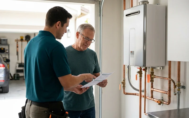 Technician walking a homeowner through a post-service maintenance report