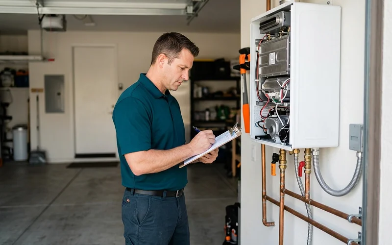 Technician writing a repair quote beside an open tankless unit