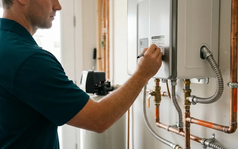 Technician dating a maintenance record label on a well-kept tankless unit