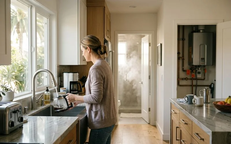 Shower and kitchen faucet in use at the same time on a busy morning