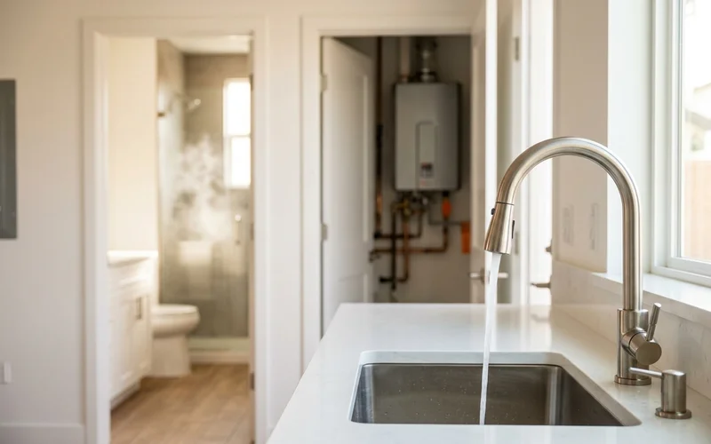 Two showers and a kitchen faucet running at once in a modern SoCal home