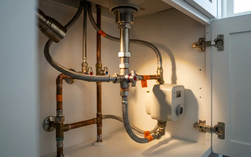 Under-sink crossover valve and plumbing in a vanity cabinet lit by a flashlight