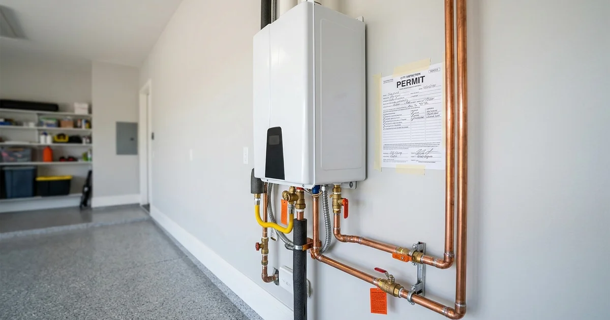 City inspection permit card taped beside a newly installed tankless water heater